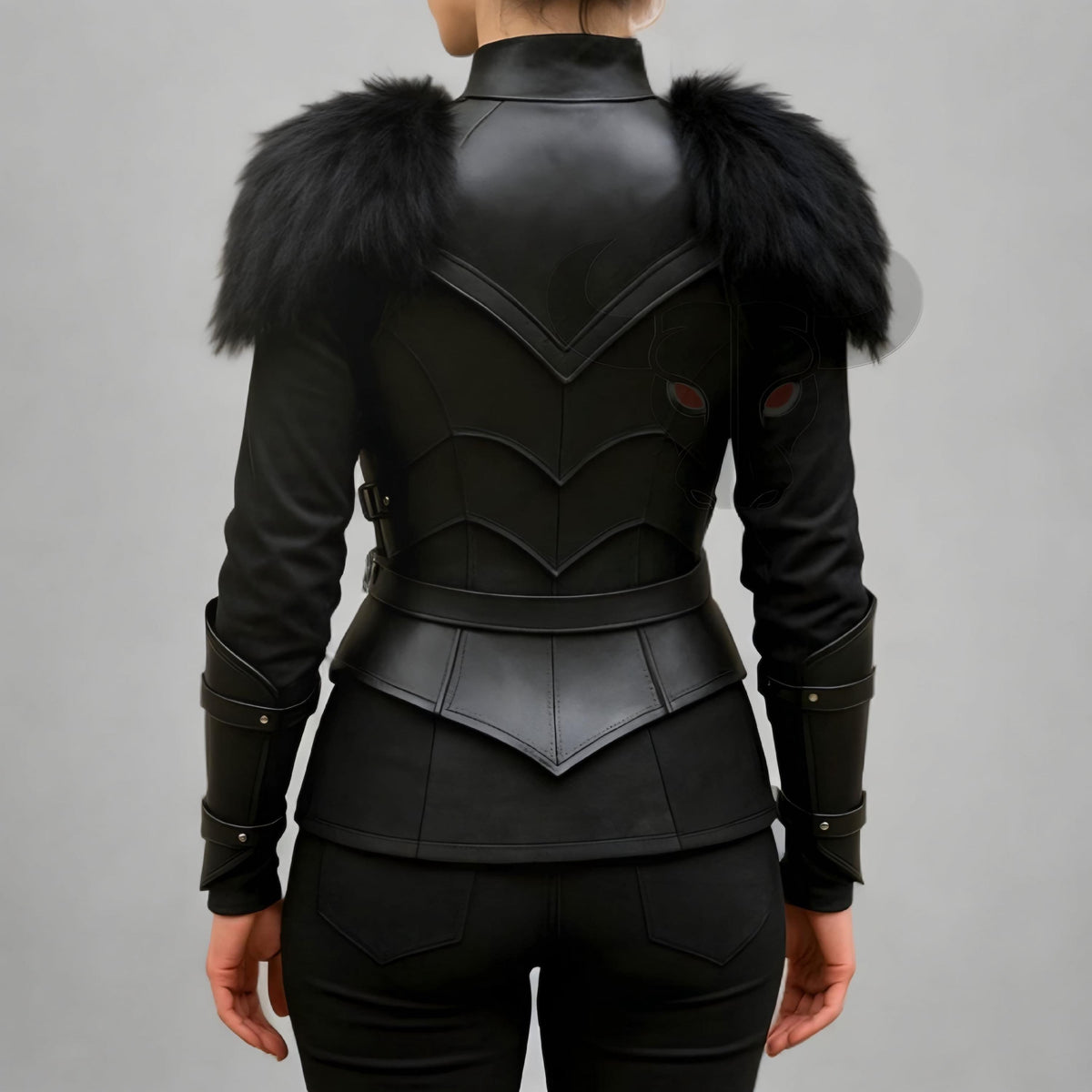 Black Leather Fantasy Warrior Armor Costume for Women Cosplay Chest piece with Fur Shoulders