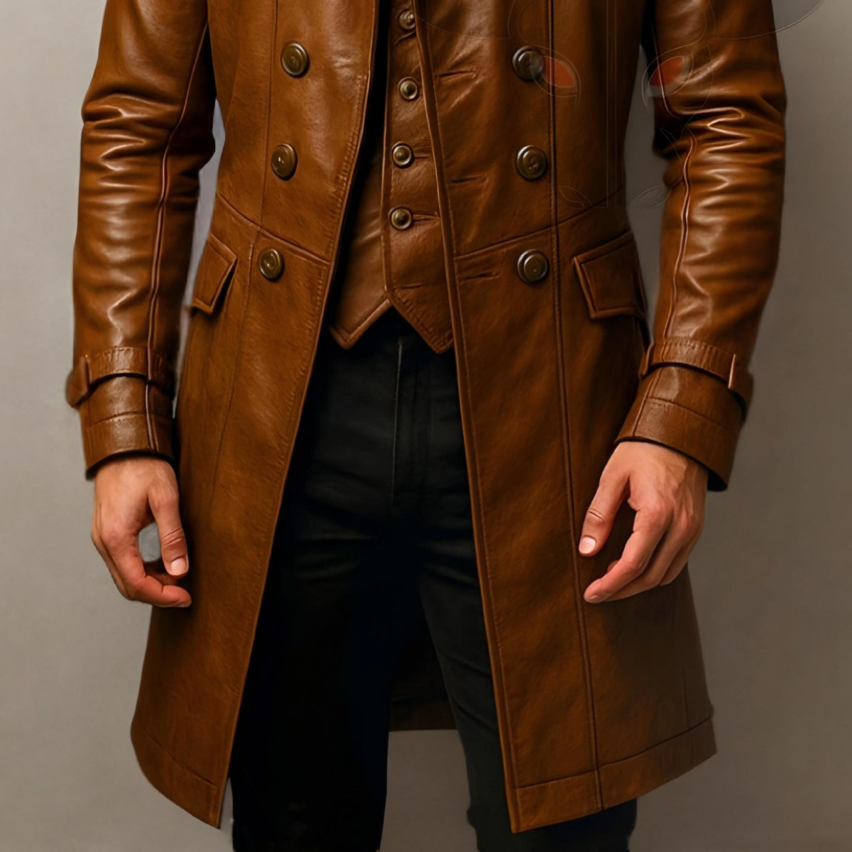 Men’s Brown Leather Trench Coat | Vintage Double-Breasted Long Jacket | Handmade Steampunk Outerwear