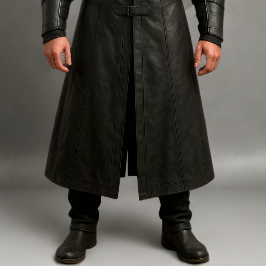 Medieval Black Leather Warrior Coat with Fur Collar | Viking Trench Armor Cosplay Costume