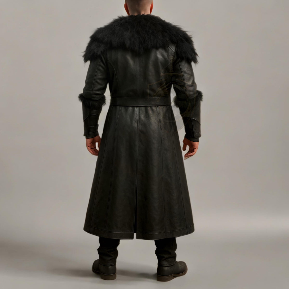 Medieval Black Leather Warrior Coat with Fur Collar | Viking Trench Armor Cosplay Costume