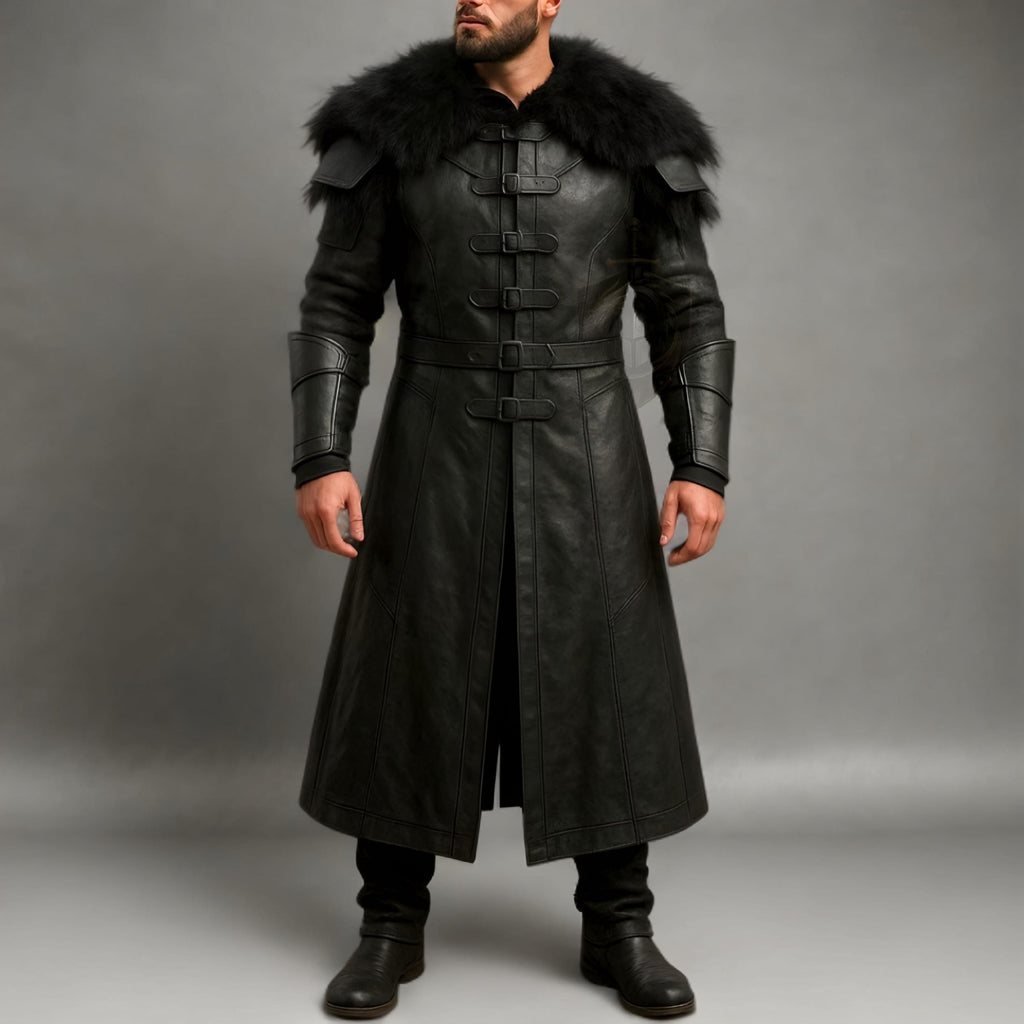 Medieval Black Leather Warrior Coat with Fur Collar | Viking Trench Armor Cosplay Costume