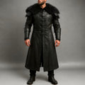 Medieval Black Leather Warrior Coat with Fur Collar | Viking Trench Armor Cosplay Costume