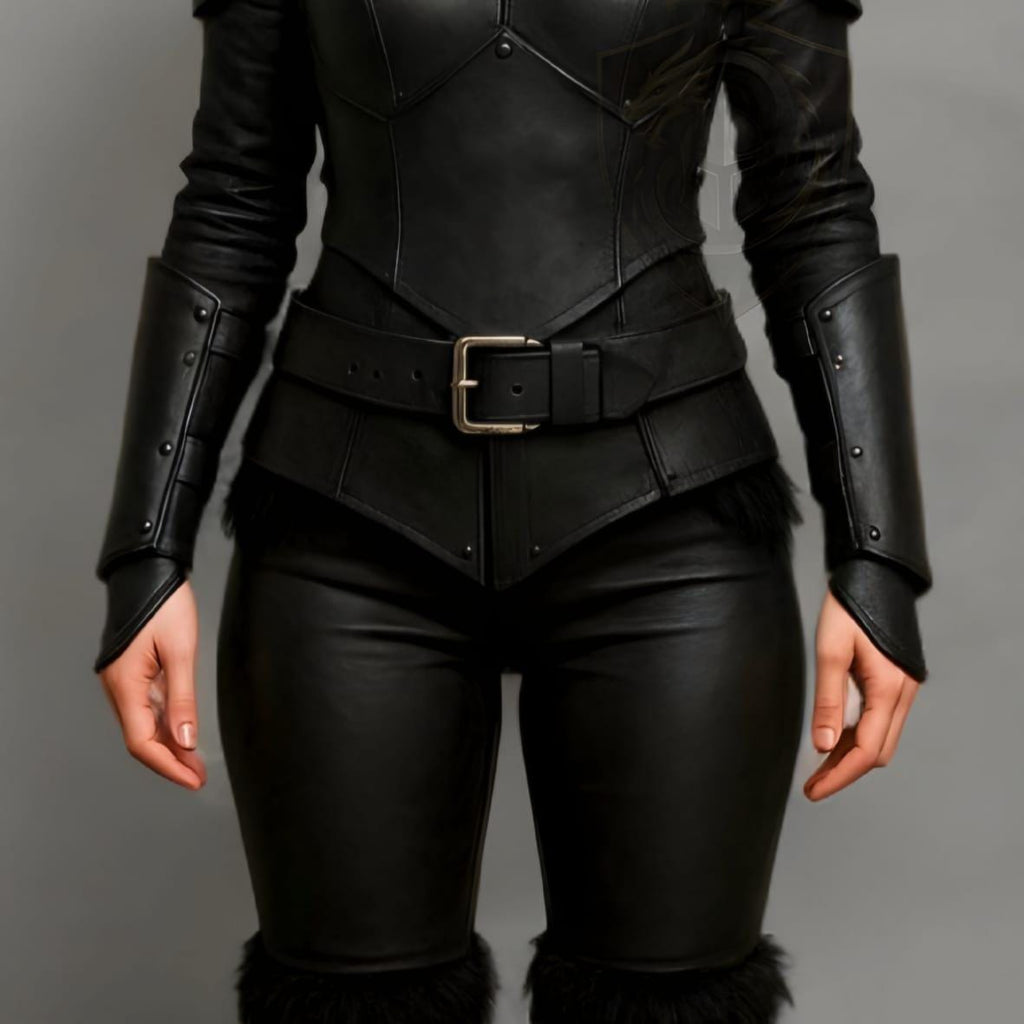 Black Hooded Leather Armor Jacket with Fur Trim Fantasy Cosplay Costume for Women