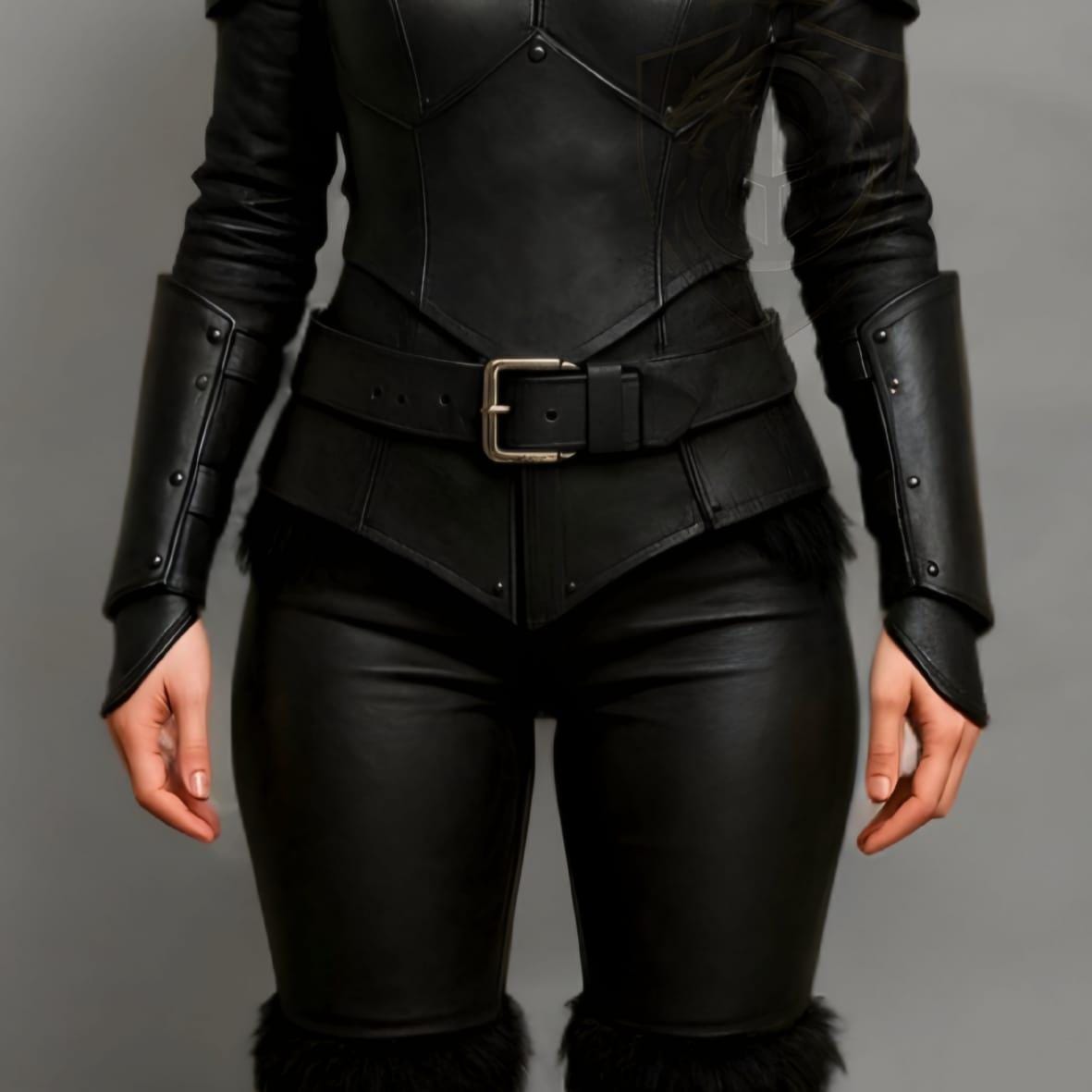 Black Hooded Leather Armor Jacket with Fur Trim Fantasy Cosplay Costume for Women