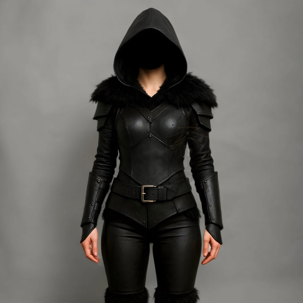 Black Hooded Leather Armor Jacket with Fur Trim Fantasy Cosplay Costume for Women