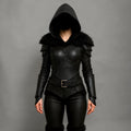 Black Hooded Leather Armor Jacket with Fur Trim Fantasy Cosplay Costume for Women