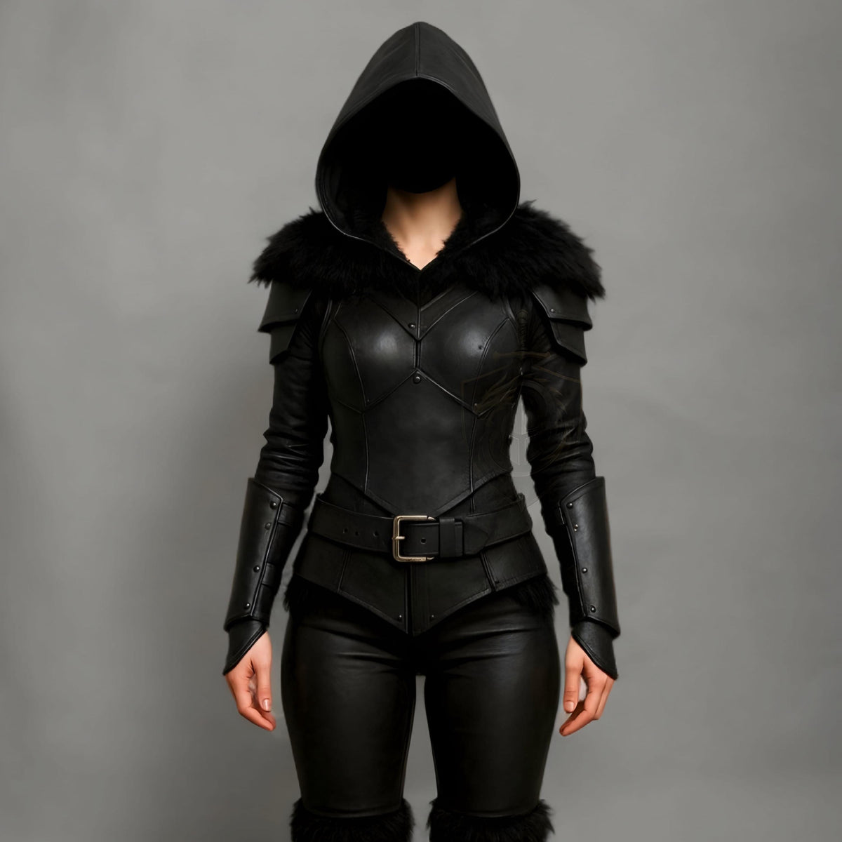 Black Hooded Leather Armor Jacket with Fur Trim Fantasy Cosplay Costume for Women