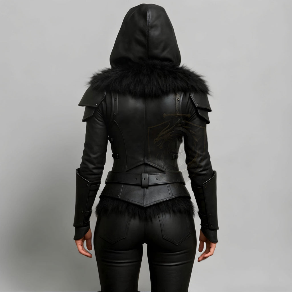 Black Hooded Leather Armor Jacket with Fur Trim Fantasy Cosplay Costume for Women