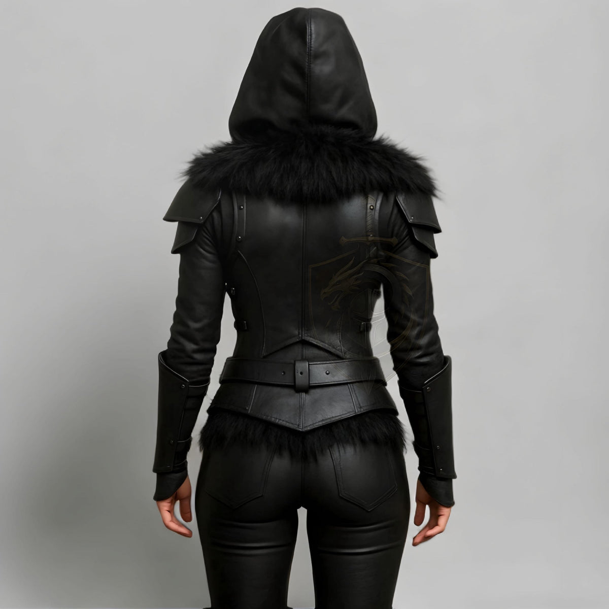 Black Hooded Leather Armor Jacket with Fur Trim Fantasy Cosplay Costume for Women