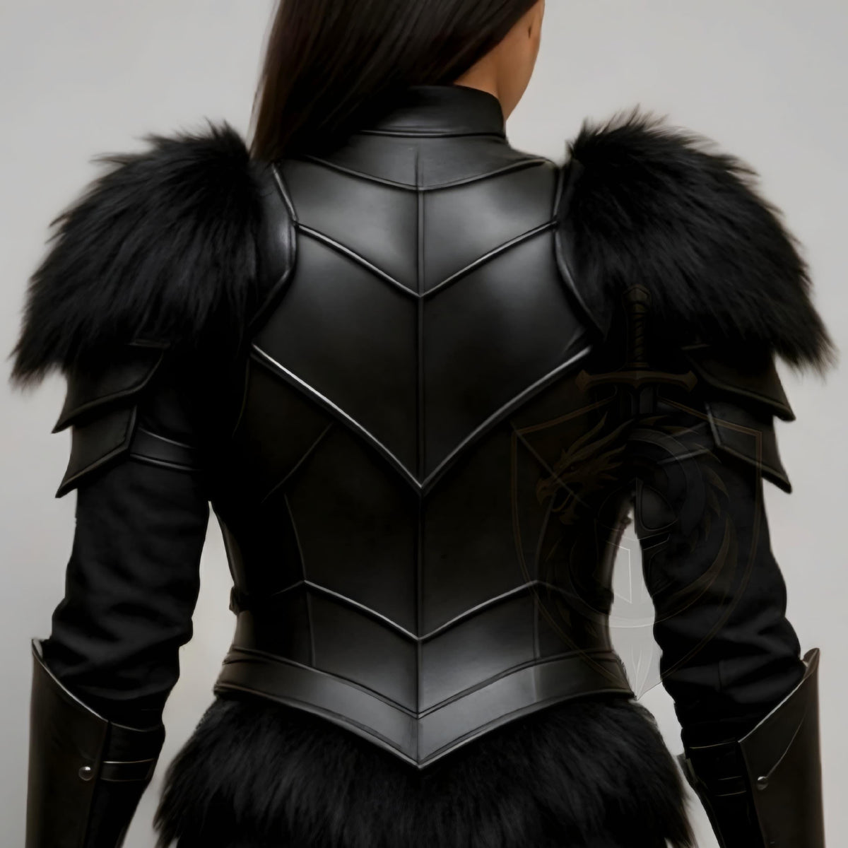 Black Fantasy Warrior Armor Costume for Women Medieval Cosplay Chest plate with Fur Shoulders