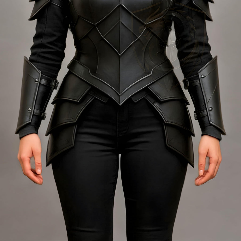 Black Fantasy Warrior Armor Costume for Women Medieval Cosplay Chest plate with Fur Shoulders