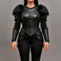 Black Fantasy Warrior Armor Costume for Women Medieval Cosplay Chest plate with Fur Shoulders