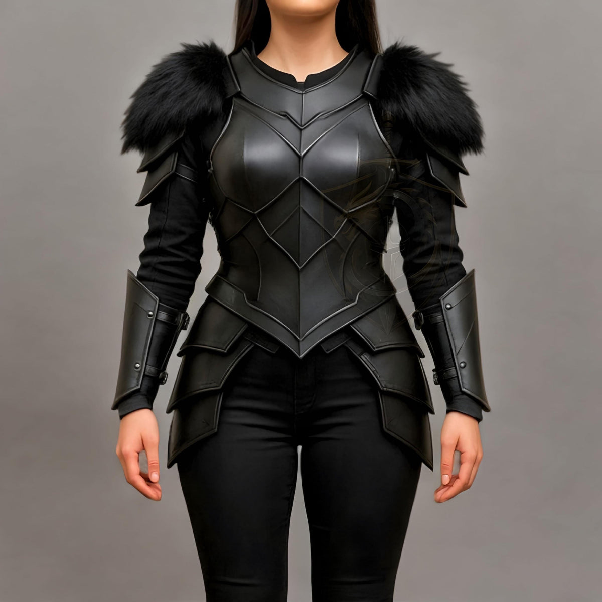Black Fantasy Warrior Armor Costume for Women Medieval Cosplay Chest plate with Fur Shoulders