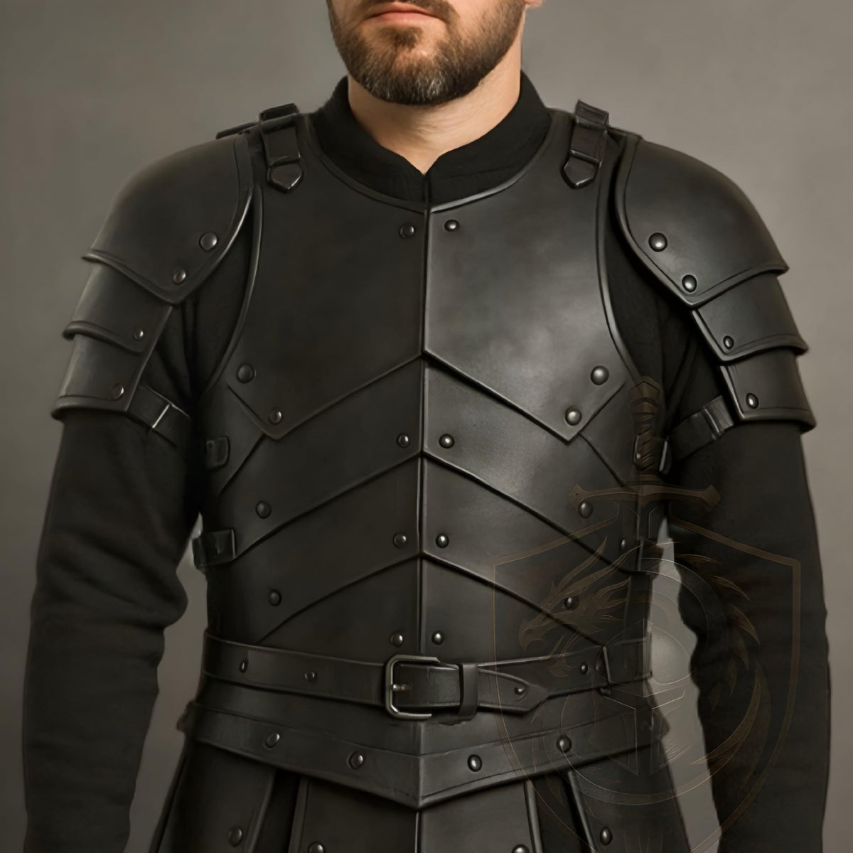 Black Leather Warrior Armor Set Medieval Chestplate and Pauldron Costume for Cosplay LARP