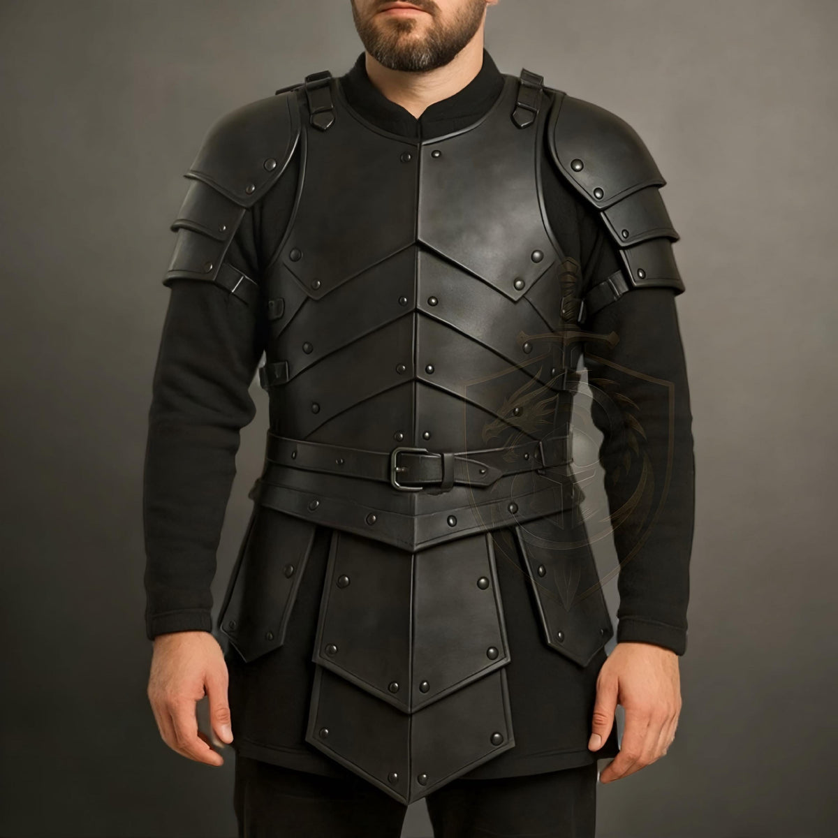 Black Leather Warrior Armor Set Medieval Chestplate and Pauldron Costume for Cosplay LARP