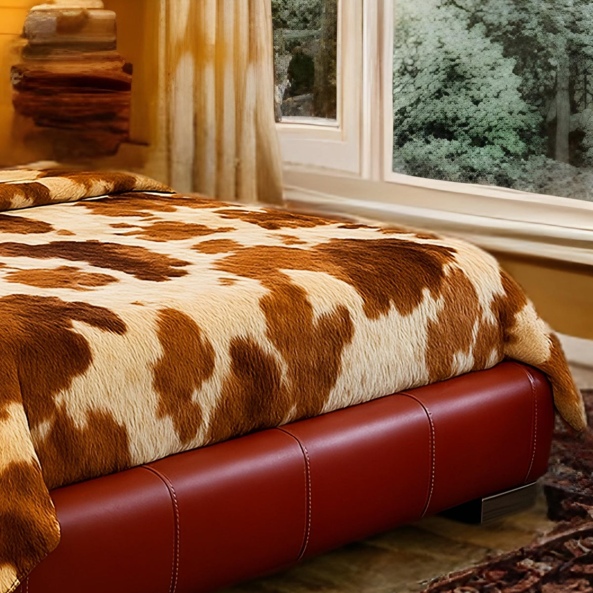 Cowhide Leather Fur Bedding Set | Western Rustic Blanket & Pillow Covers | Luxury Faux Hide Decor