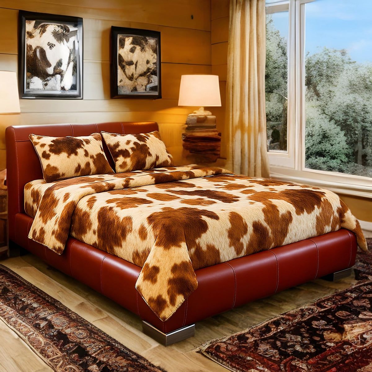 Cowhide Leather Fur Bedding Set | Western Rustic Blanket & Pillow Covers | Luxury Faux Hide Decor
