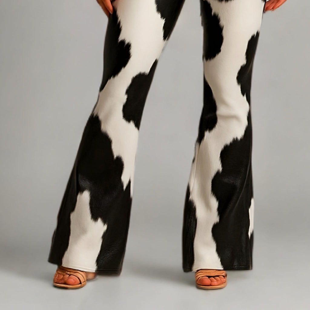 Women’s Cowhide Leather Flare Pants | High Waist Western Hair-On Trousers | Handmade Outfit