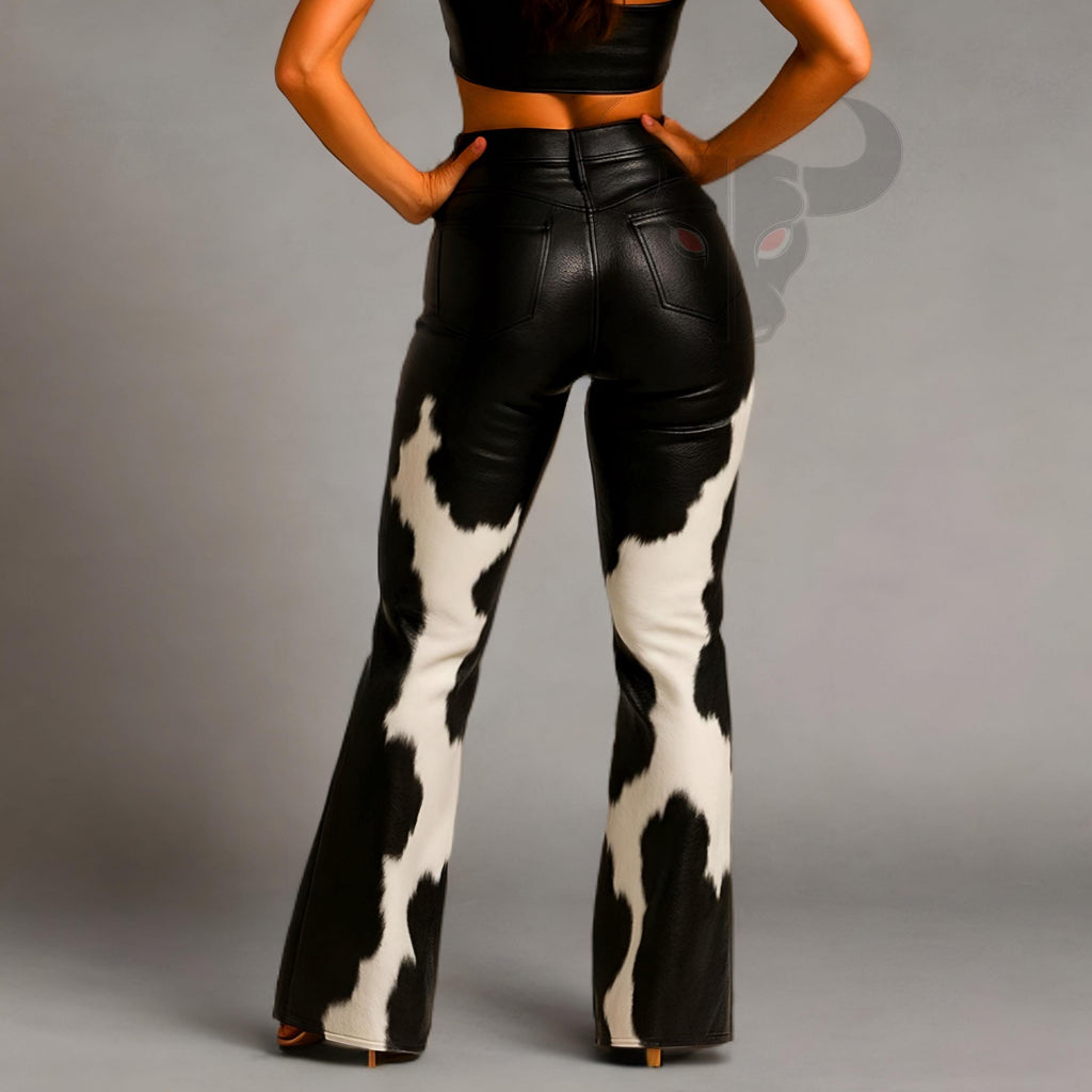 Women’s Cowhide Leather Flare Pants | High Waist Western Hair-On Trousers | Handmade Outfit