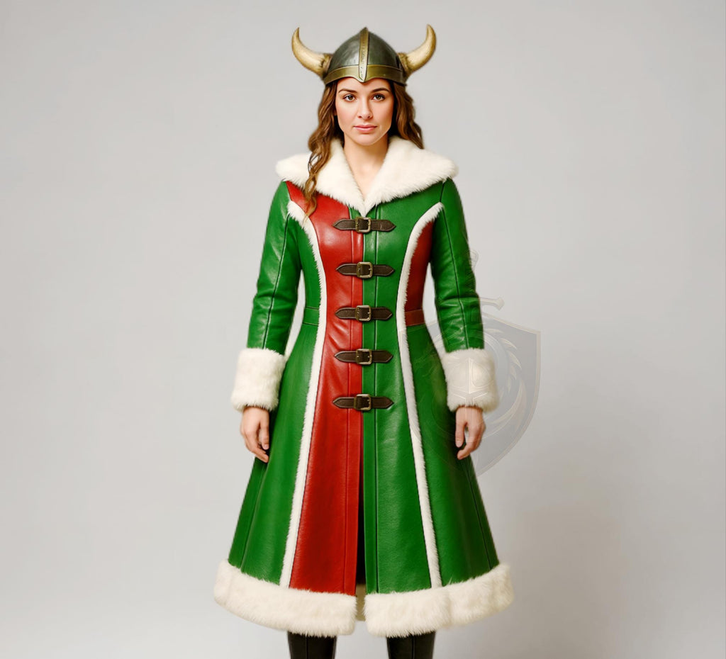 Women Viking Christmas Leather Coat Green Red Fur Trim Cosplay Costume Winter Festival Wear