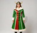 Women Viking Christmas Leather Coat Green Red Fur Trim Cosplay Costume Winter Festival Wear