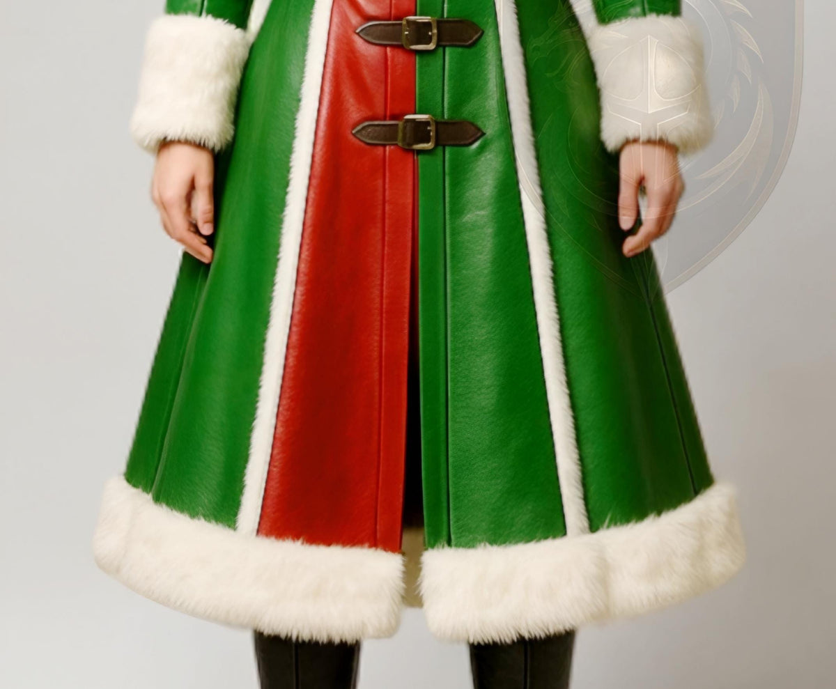 Women Viking Christmas Leather Coat Green Red Fur Trim Cosplay Costume Winter Festival Wear
