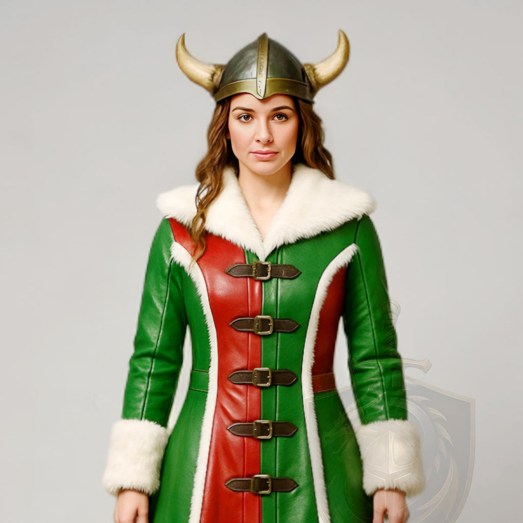 Women Viking Christmas Leather Coat Green Red Fur Trim Cosplay Costume Winter Festival Wear