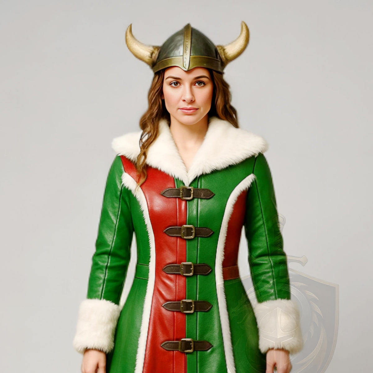 Women Viking Christmas Leather Coat Green Red Fur Trim Cosplay Costume Winter Festival Wear