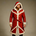 Men Red Leather Santa Coat with Fur Trim Hooded Long Winter Jacket | Christmas Outfit