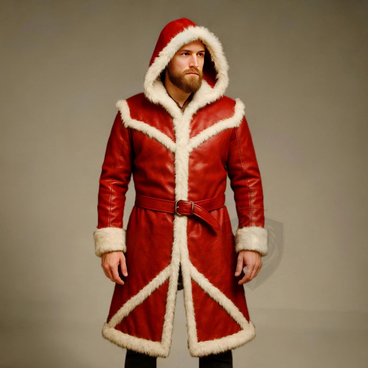 Men Red Leather Santa Coat with Fur Trim Hooded Long Winter Jacket | Christmas Outfit
