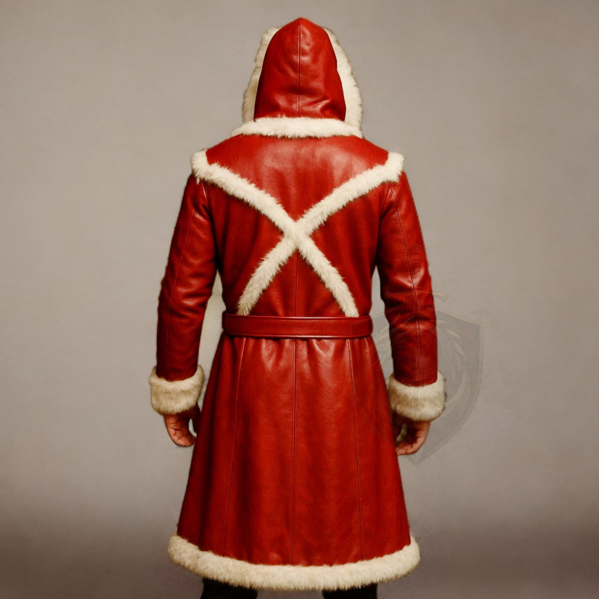 Men Red Leather Santa Coat with Fur Trim Hooded Long Winter Jacket | Christmas Outfit