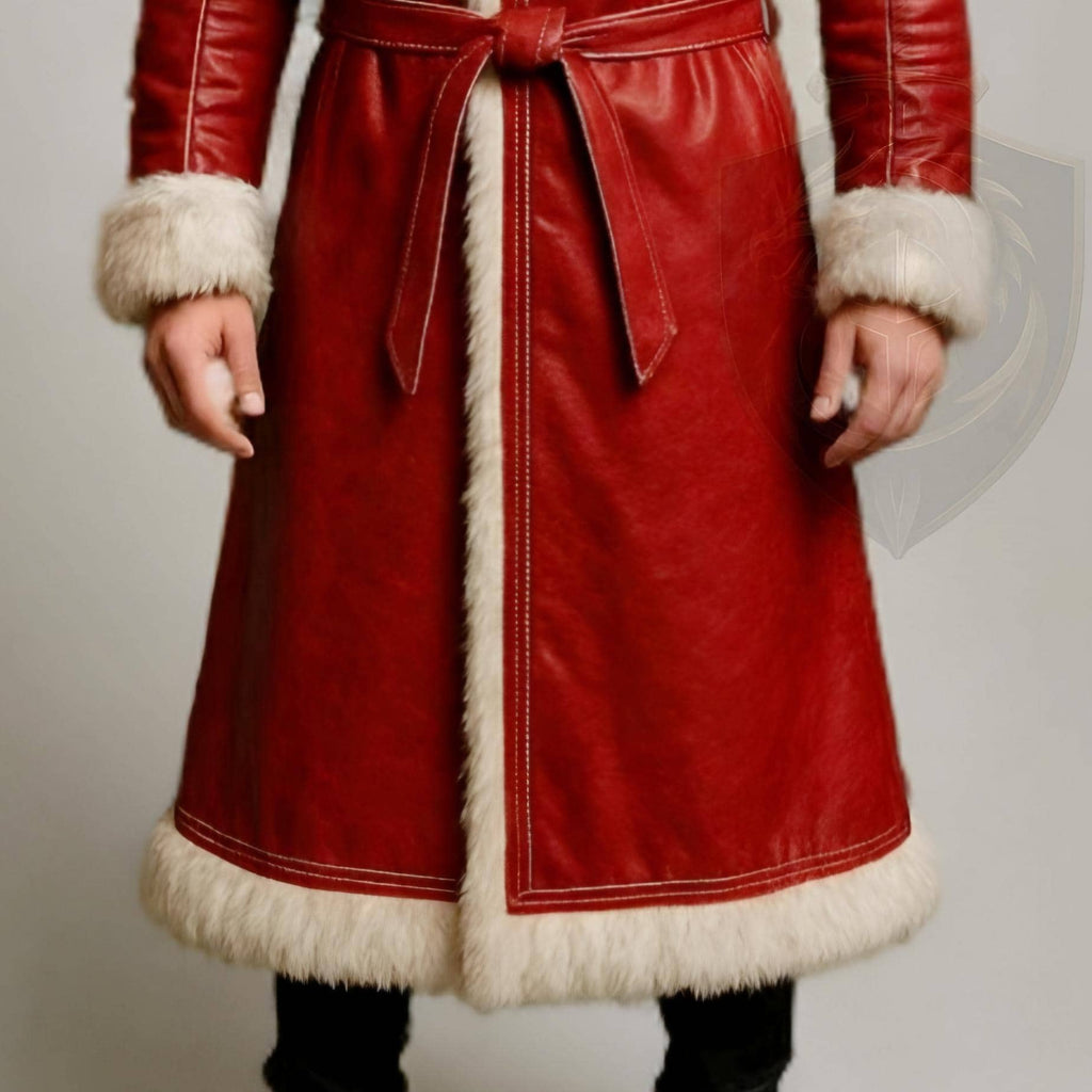 Men Red Leather Fur Trim Coat Hooded Winter Shearling Jacket Cosplay Overcoat | Christmas Outfit