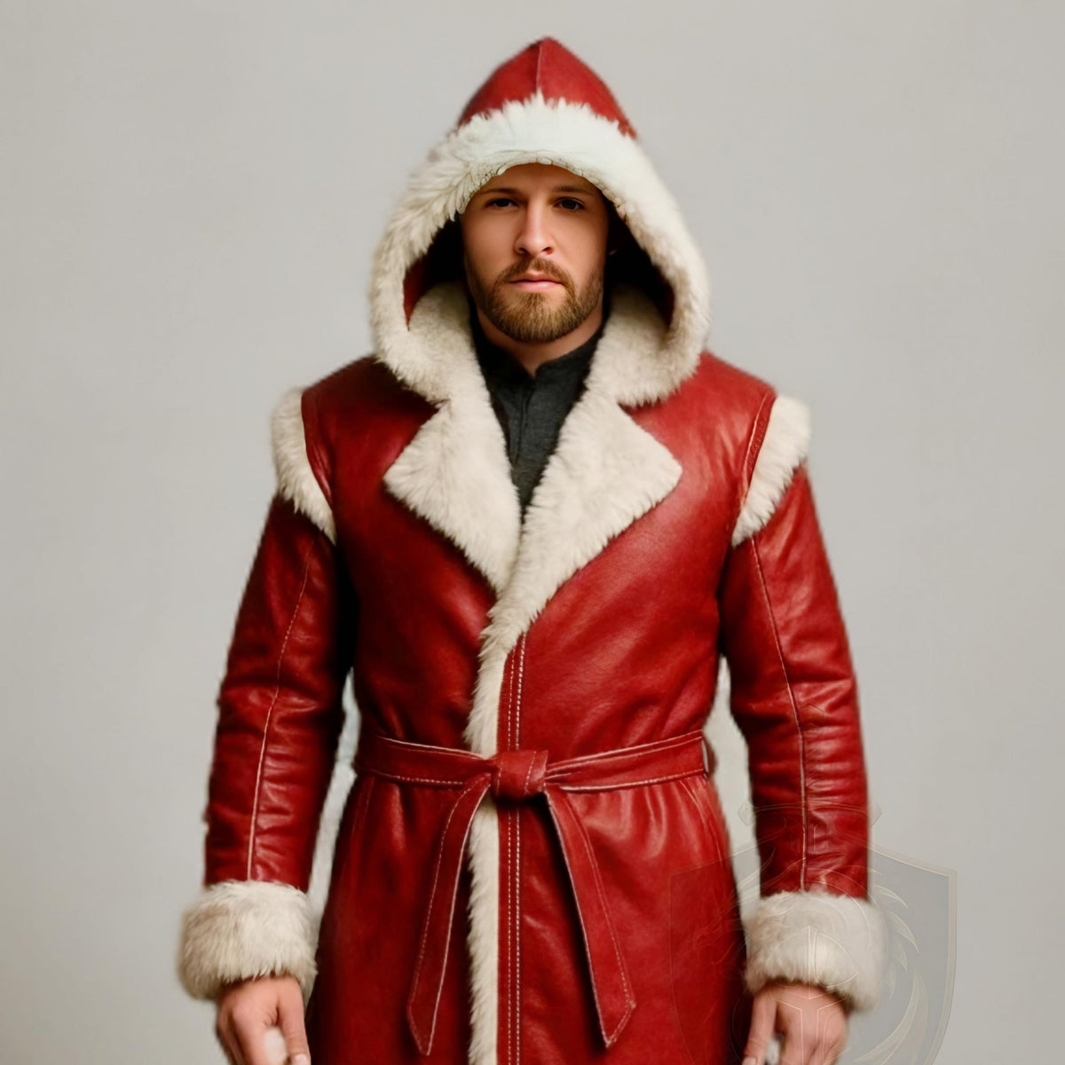 Men Red Leather Fur Trim Coat Hooded Winter Shearling Jacket Cosplay Overcoat | Christmas Outfit