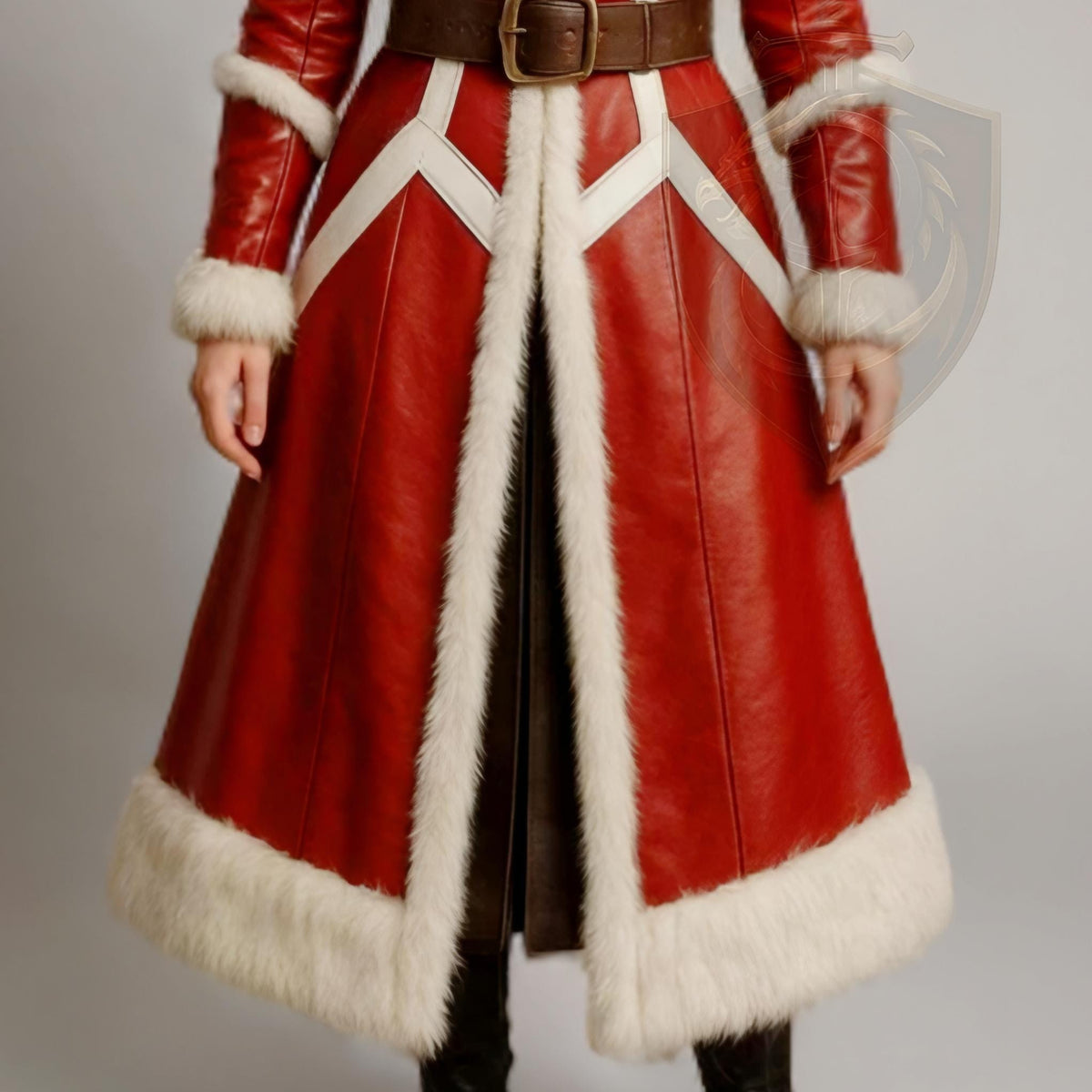 Women Viking Red Leather Fur Coat | Norse Warrior Winter Cosplay Long Jacket | Christmas Outfit