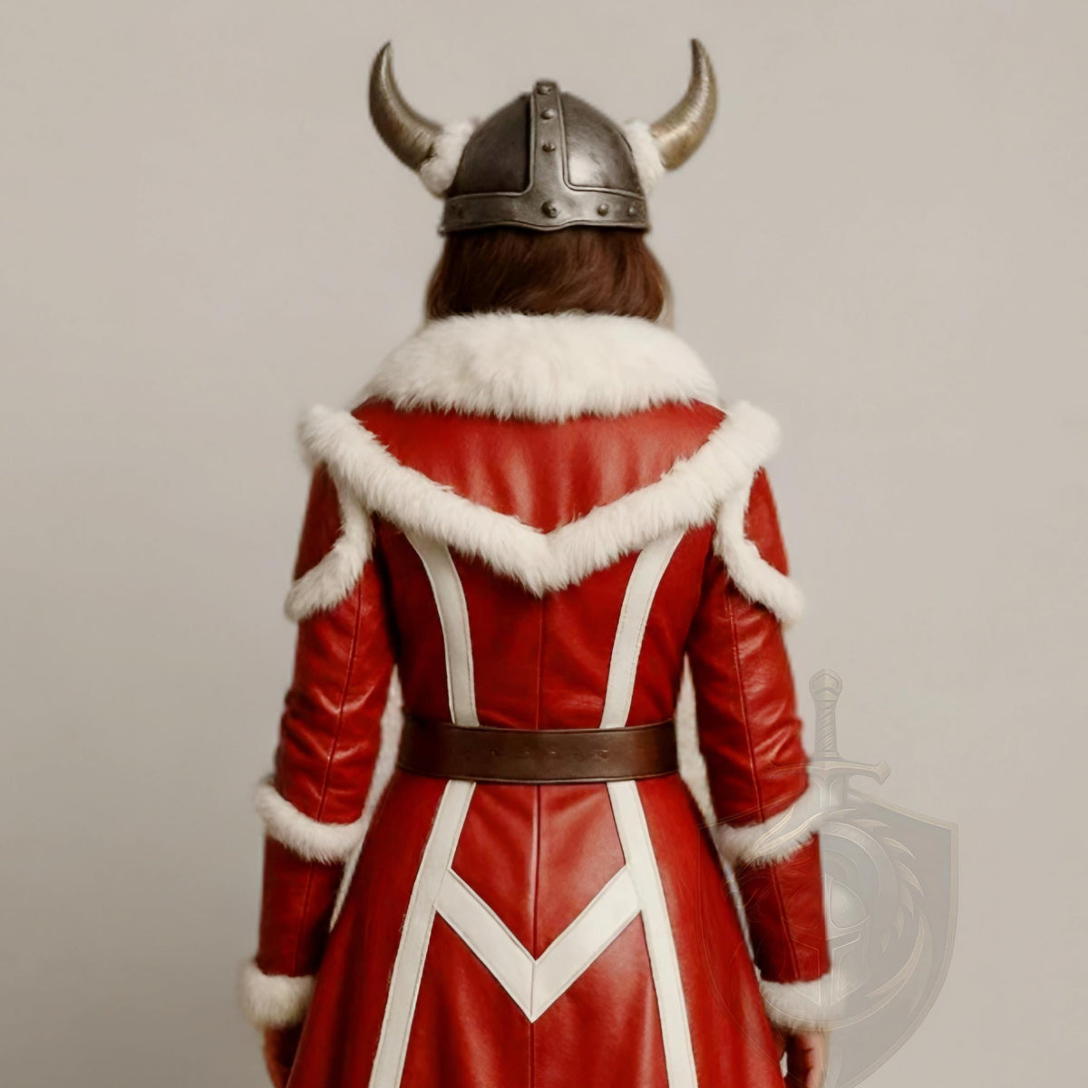 Women Viking Red Leather Fur Coat | Norse Warrior Winter Cosplay Long Jacket | Christmas Outfit
