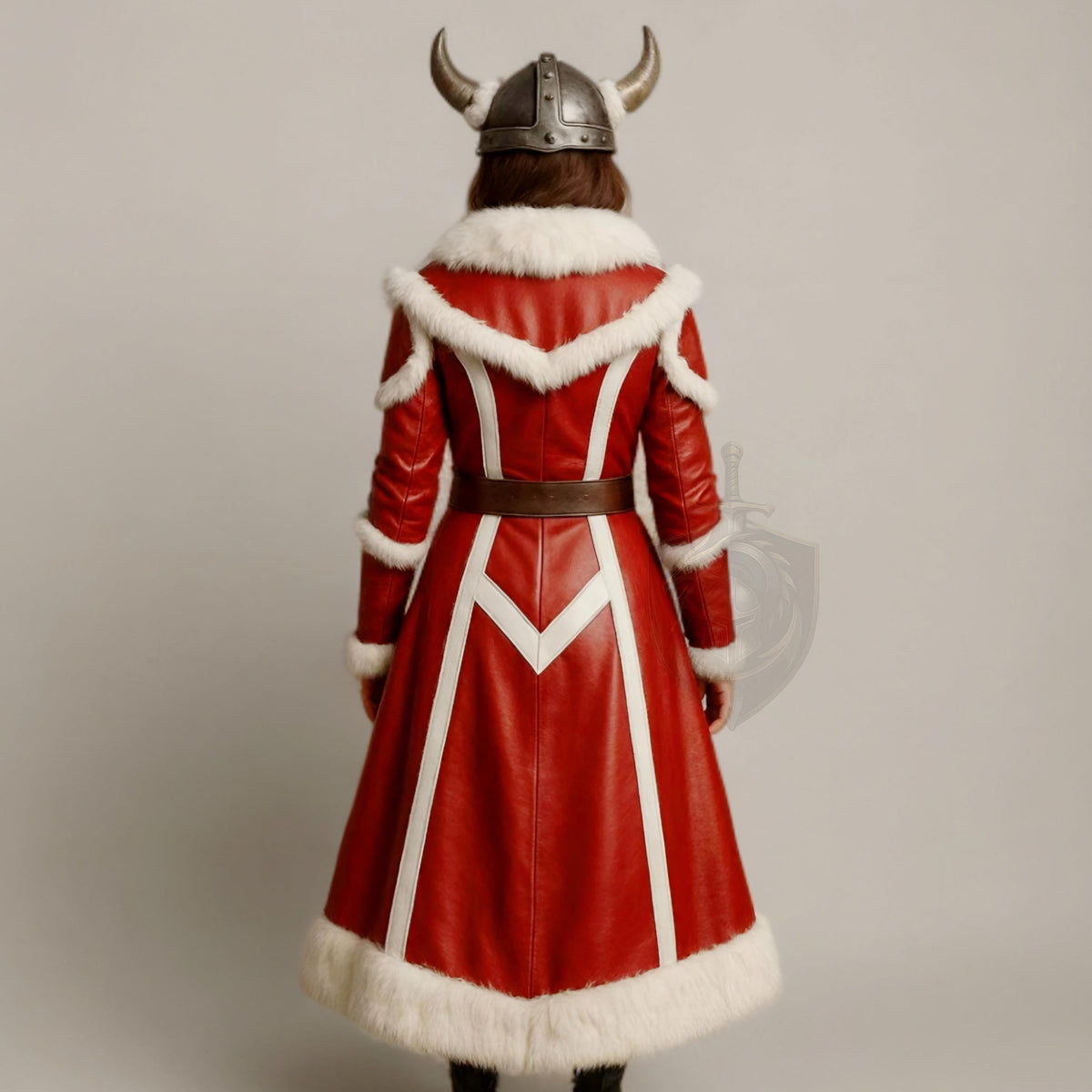 Women Viking Red Leather Fur Coat | Norse Warrior Winter Cosplay Long Jacket | Christmas Outfit