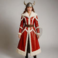Women Viking Red Leather Fur Coat | Norse Warrior Winter Cosplay Long Jacket | Christmas Outfit