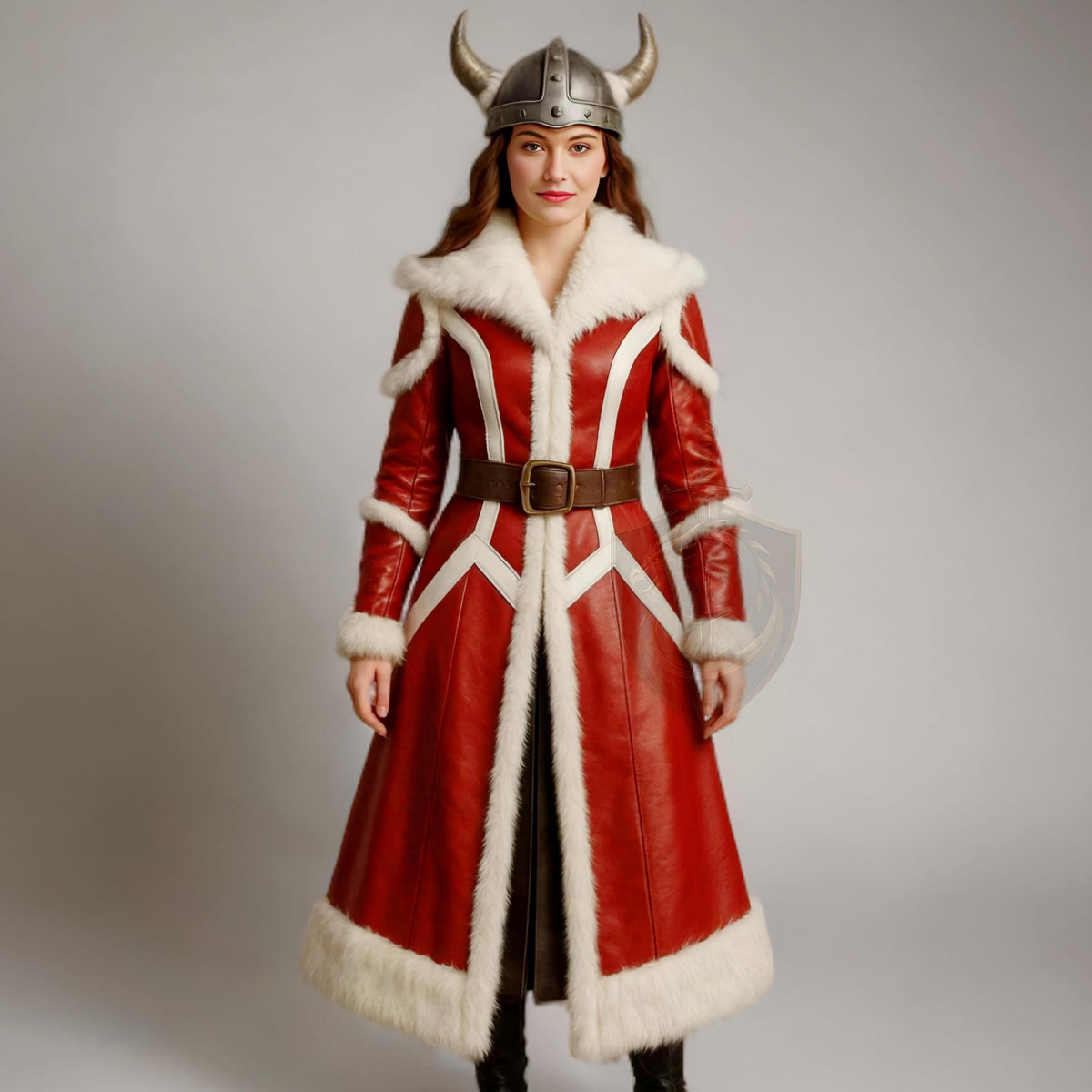 Women Viking Red Leather Fur Coat | Norse Warrior Winter Cosplay Long Jacket | Christmas Outfit