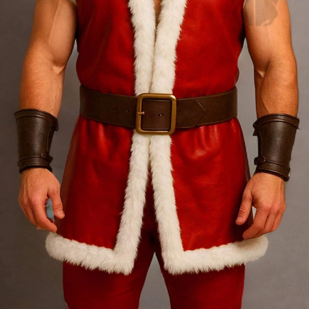 Men’s Christmas Leather Vest Viking Santa Costume Red Fur Trim Holiday Cosplay Outfit