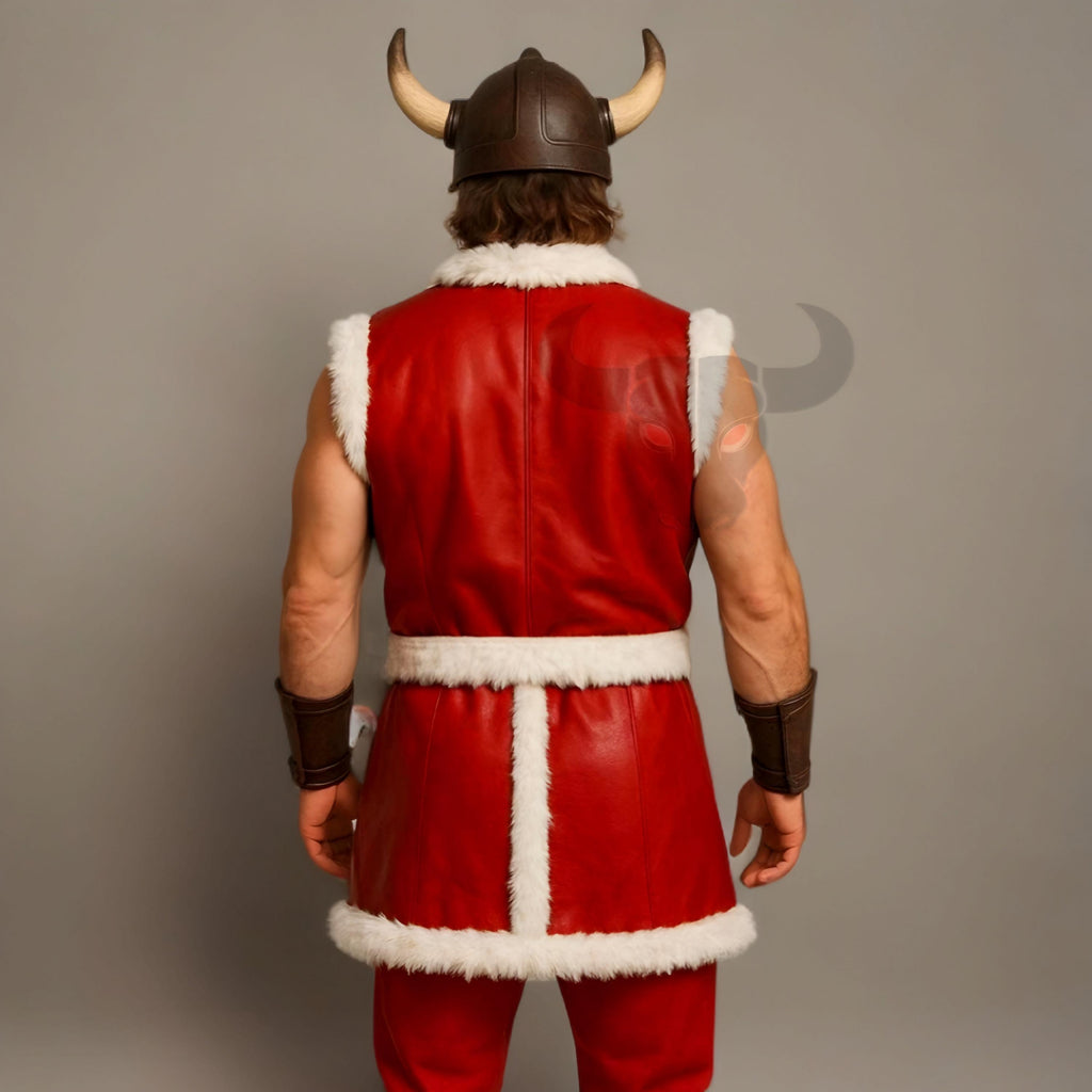 Men’s Christmas Leather Vest Viking Santa Costume Red Fur Trim Holiday Cosplay Outfit