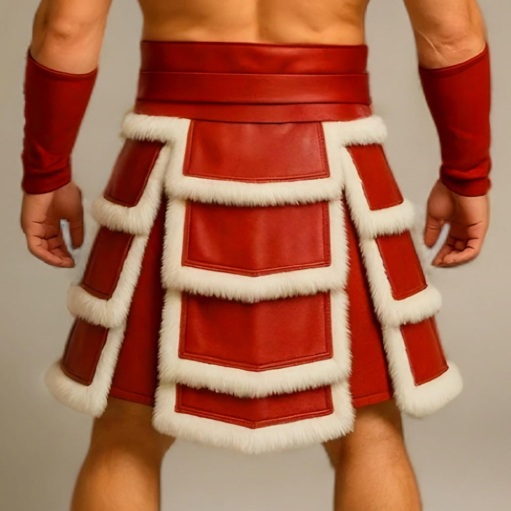 Handmade Red Leather Gladiator Kilt for Men | Fur Trim Warrior Skirt Costume