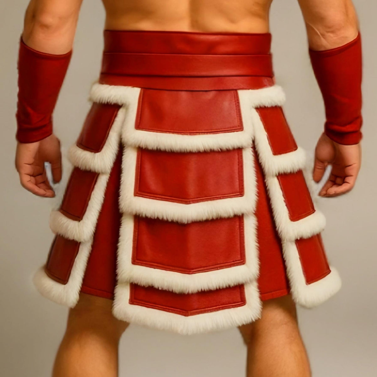 Handmade Red Leather Gladiator Kilt for Men | Fur Trim Warrior Skirt Costume