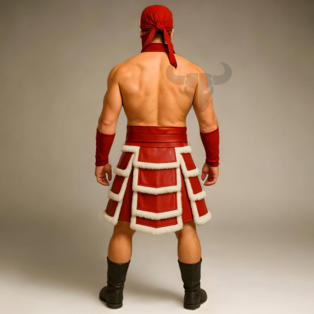 Handmade Red Leather Gladiator Kilt for Men | Fur Trim Warrior Skirt Costume