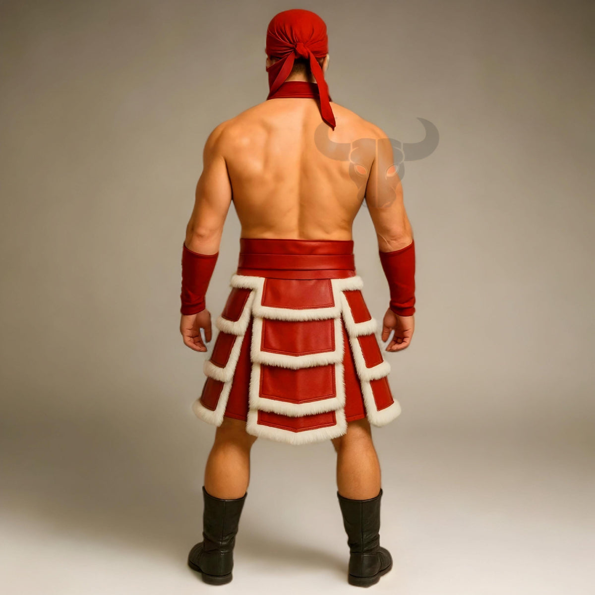 Handmade Red Leather Gladiator Kilt for Men | Fur Trim Warrior Skirt Costume