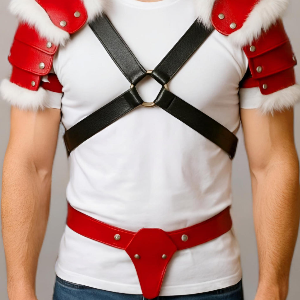 Red Leather Fur Pauldrons Shoulder Armor Harness Cosplay Costume Festival Accessory Men Rave Wear
