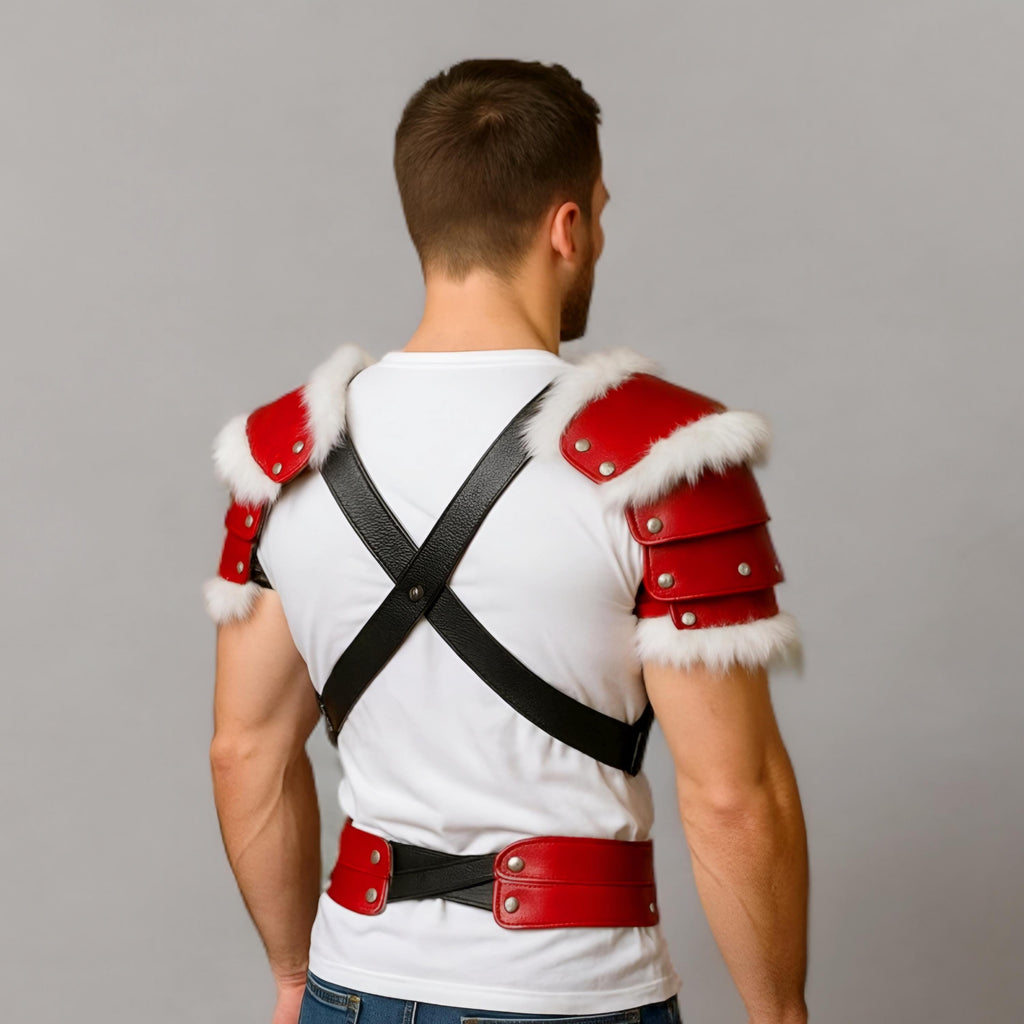 Red Leather Fur Pauldrons Shoulder Armor Harness Cosplay Costume Festival Accessory Men Rave Wear