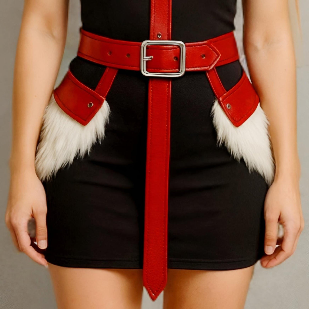 Red Leather Fur Trim Cosplay Armor Shoulder Belt Skirt Costume Women LARP Outfit Set