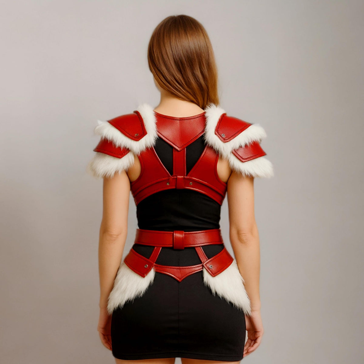 Red Leather Fur Trim Cosplay Armor Shoulder Belt Skirt Costume Women LARP Outfit Set