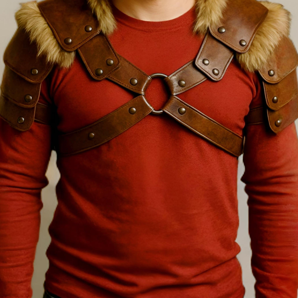 Handmade Leather Fur Shoulder Armor Pauldron for Cosplay LARP Viking Warrior Men Costume Gear