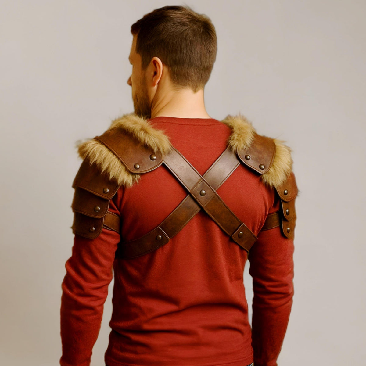 Handmade Leather Fur Shoulder Armor Pauldron for Cosplay LARP Viking Warrior Men Costume Gear